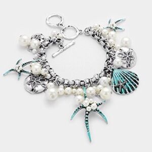Pearl embellished starfish sea shell multi charm bracelet